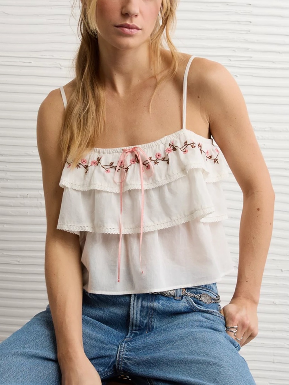 NWOT American Eagle Embroidered Floral Ruffle Off white Cami Top
